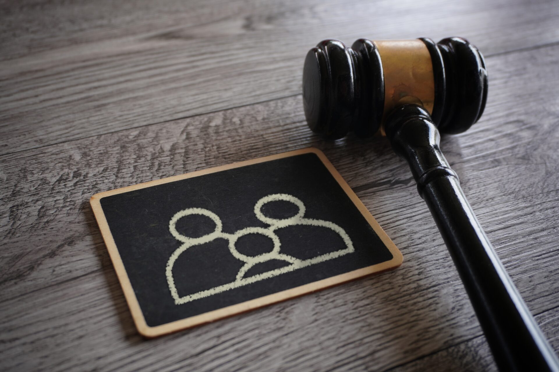 Image of a judges gavel and chalkboard with family icon
